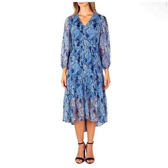 Joie Midi Dress Printed Blue Paisley Floral Chiffon V-Neck Long Sleeve NWT L - Picture 4 of 8
